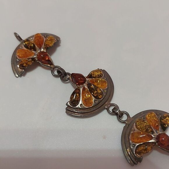 OOAK Vintage Rare Sterling Silver Multicolor Amber Citrus Orange Halves Bracelet - Picture 6 of 8